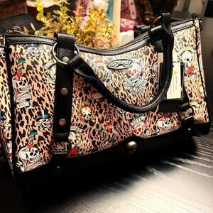 Ed Hardy Leopard Tattoo Skull Rhinestone Satchel Crossbody NWT